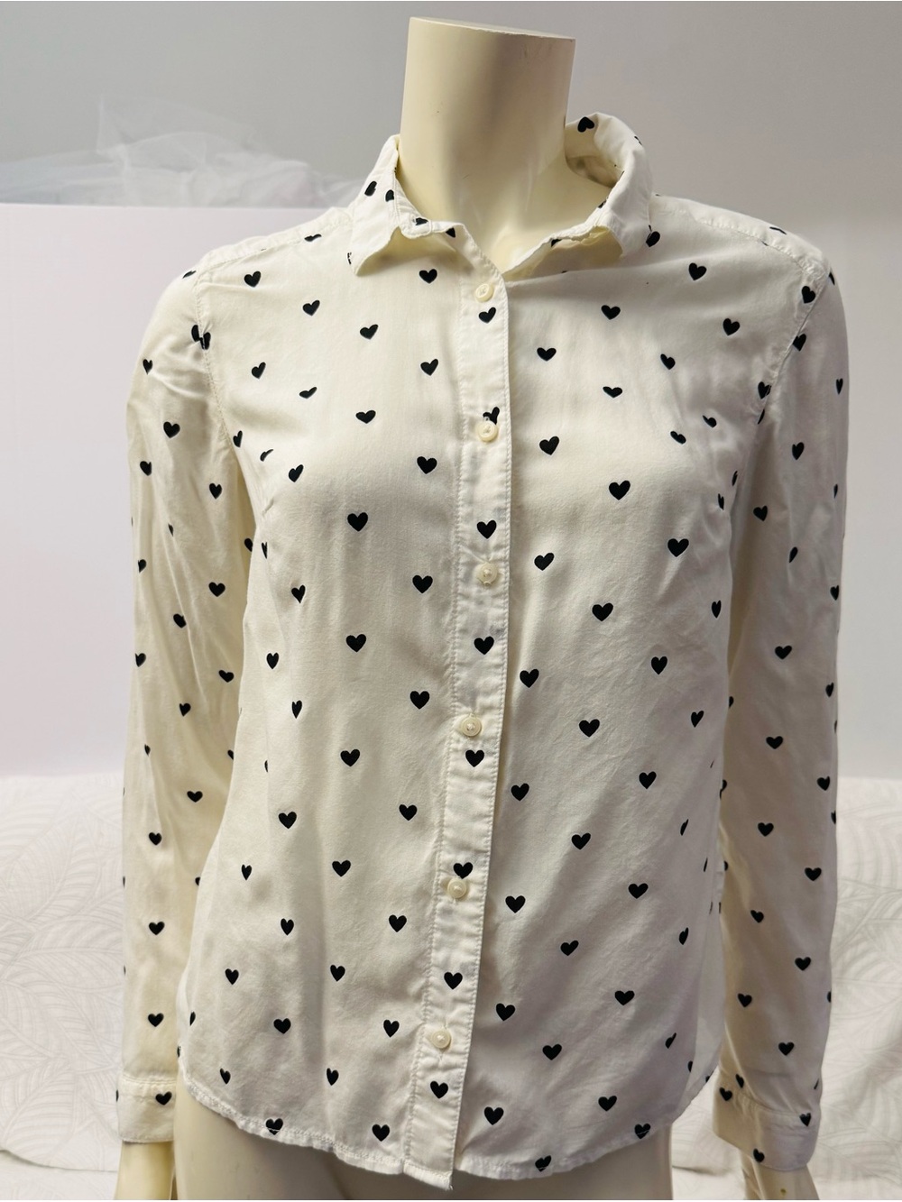 Divided Cream Button-Down Shirt with Black Heart Print